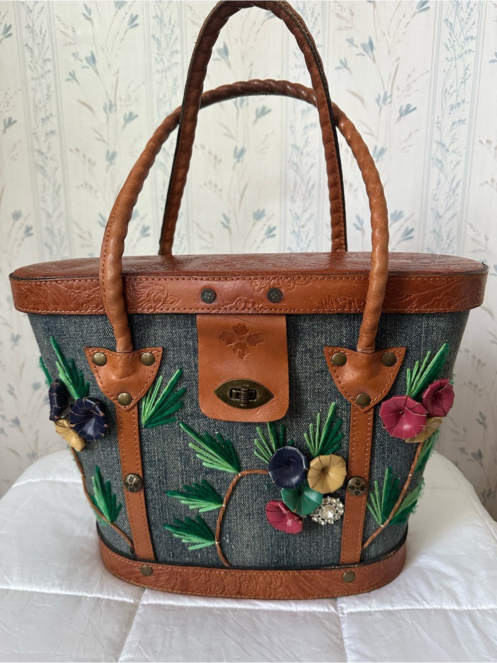 Patricia Nash Denim Levanzo Market Tote with Floral Appliqués